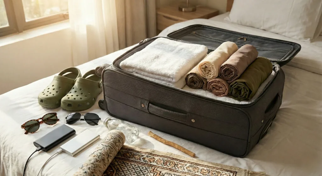 Flat-lay display of essential Umrah gear, showing men's leather sandals for Ihram, women's comfortable white walking sneakers, a practical crossbody bag, sunglasses, and unscented soap.