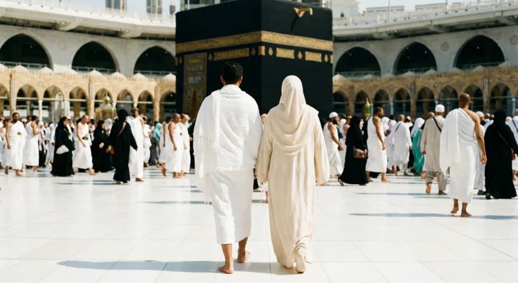 Open suitcase packed with Umrah essentials, including white Ihram towels and rolled hijabs. Surrounding gear on the bed includes green Crocs, sunglasses, power banks, a miswak stick, and a prayer mat for Hajj or Umrah preparation.